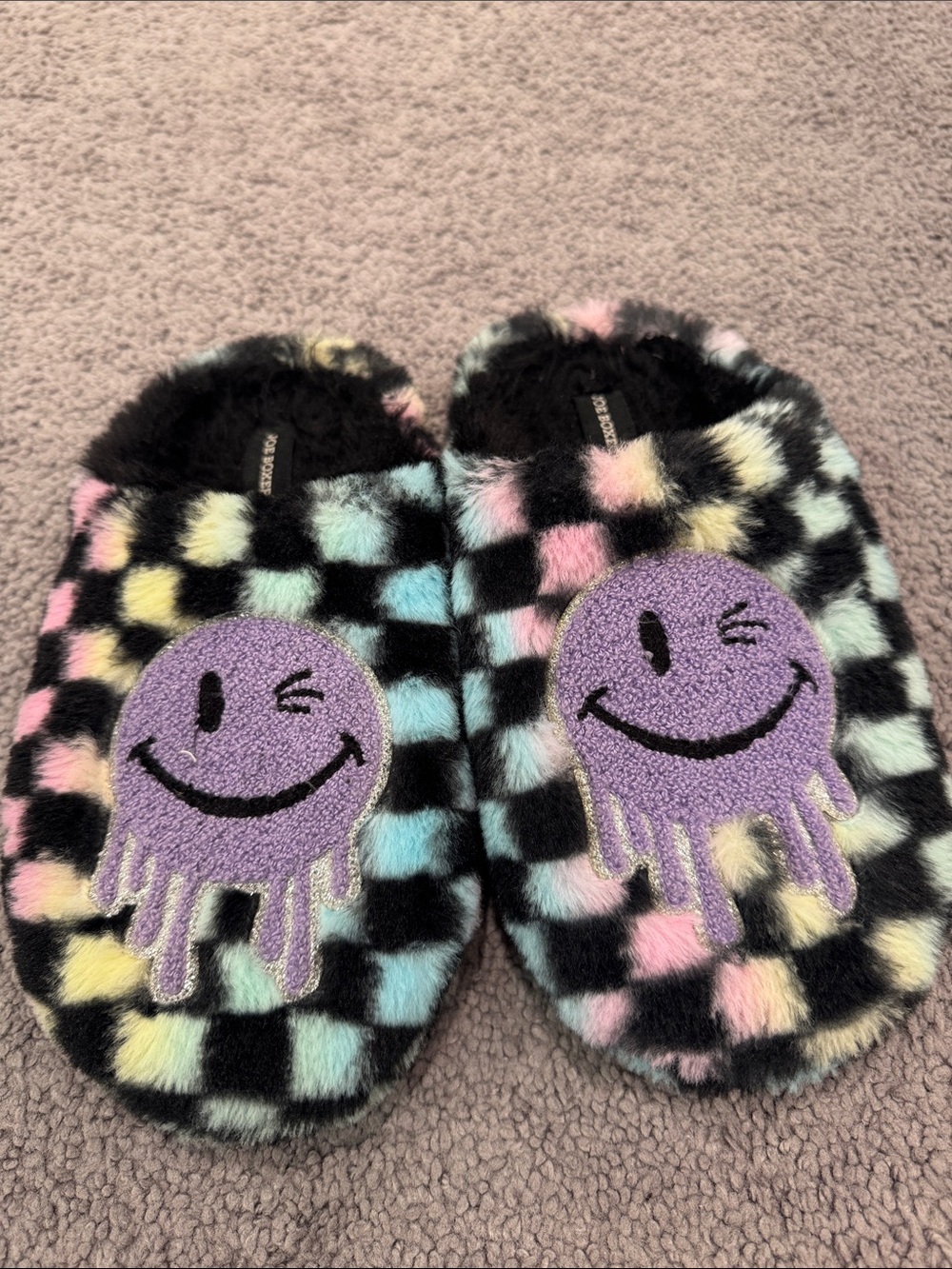 Joe Boxer Black Pastel Checker Fuzzy Slippers with Purple Smiley
